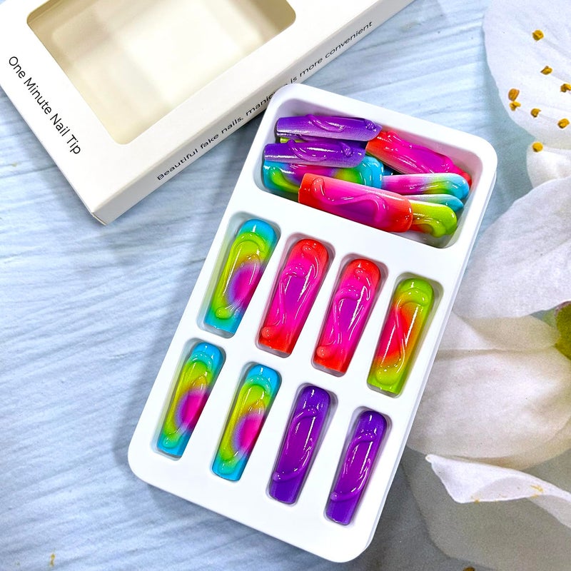 CJDLTS 3D Stereoscopic French Press on Nails - Long Square Coffin Colorful False Full Cover Artificial Acrylic Stick on DIY Glue on for Women - Manicure Kit 24Pcs - Image 3
